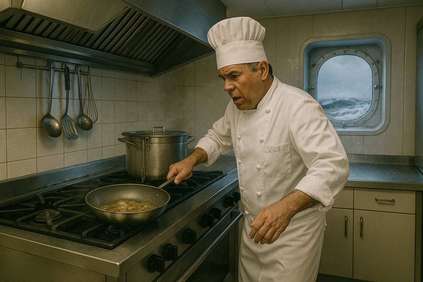 a man working in a ship's cook job, frying something while rough seas are seen through the galley porthole