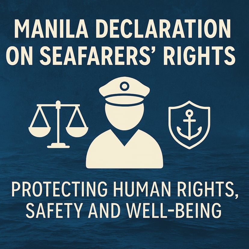 a seafarer, scales of justice and an anchor with the words 'manila Declaration of Seafarer Rights'