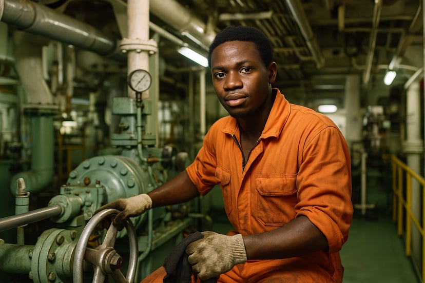 a young man working in a Wiper seafarer job and cleaning parts in a ship's engine room