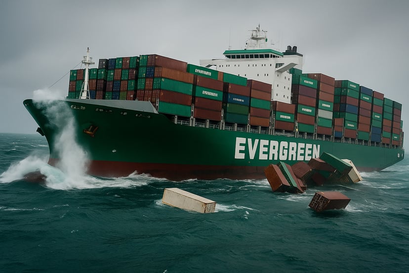 Containers falling off an Evergreen container ship into the sea