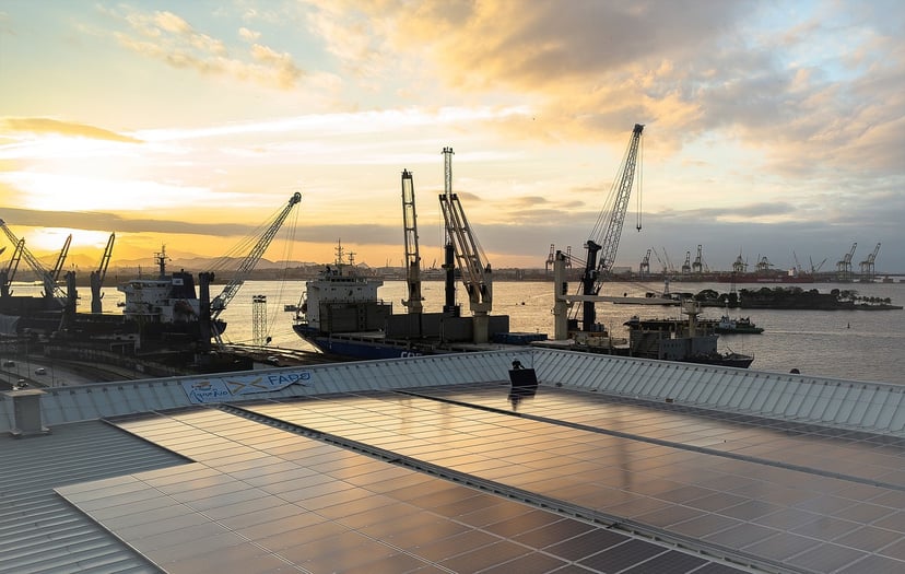 solar panels on a roof in a port