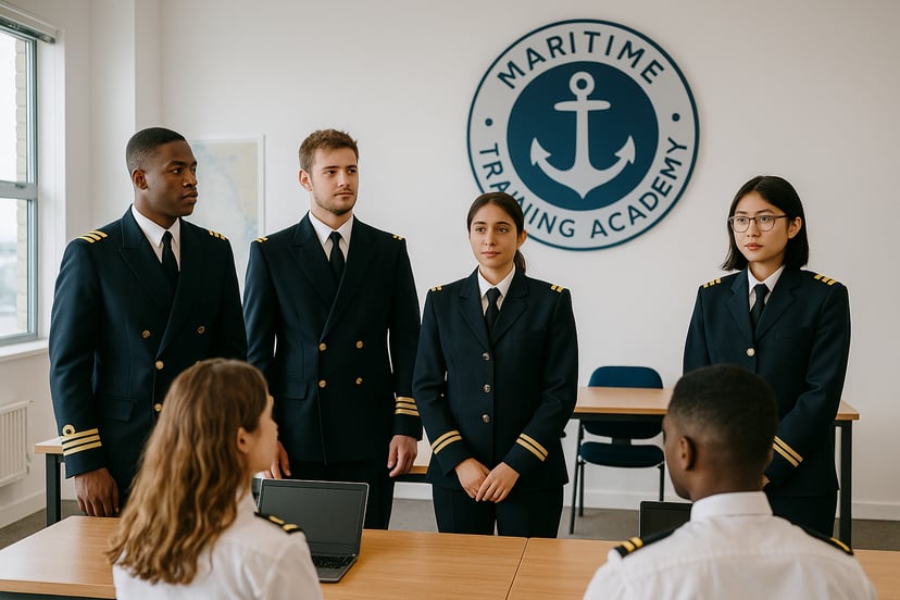 Officers in a maritime training academy standing in front of a desk with two more officers seated behind it