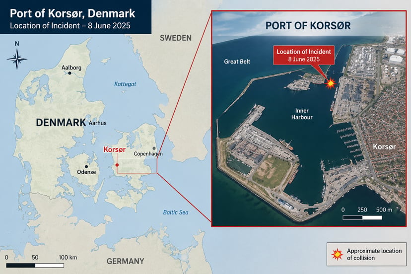a map showing where Korsør is located in Denmark with an insert showing the port's layout