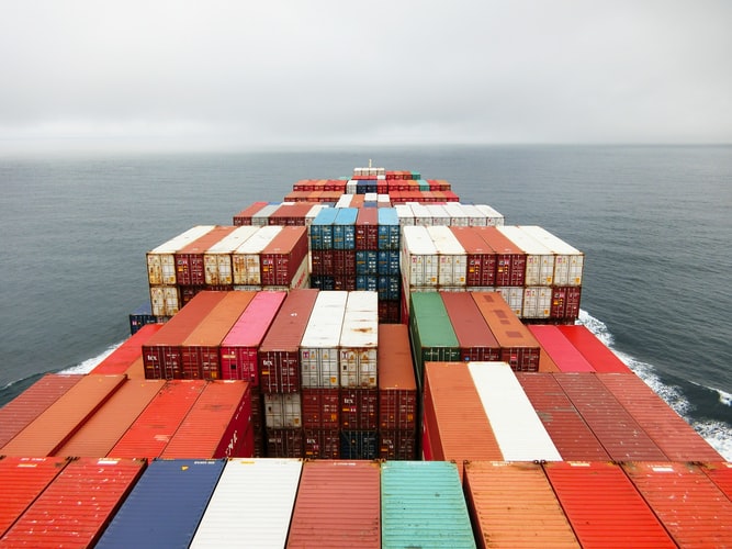 Containers on a boxship's deck as seen from the ship's bridge