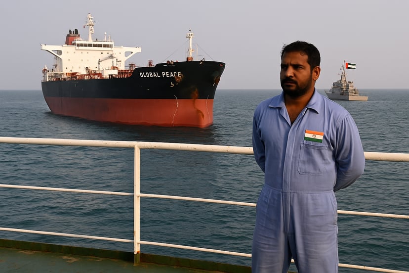 The oil tanker, Global Peace, at sea with an Indian seafarer standing in the foreground