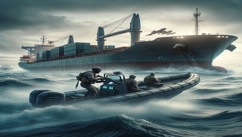 pirates with guns in a small dinghy approaching a bulk carrier