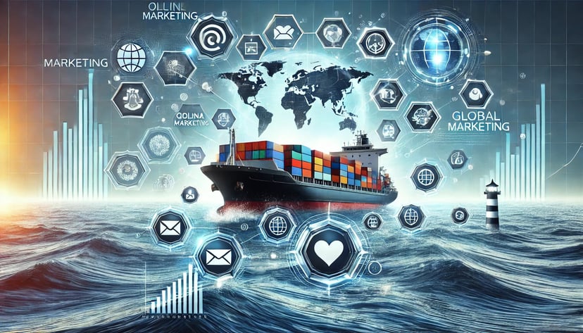 a container ship at sea with marketing icons surrounding it