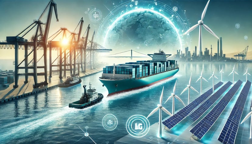 a container ship and tug sailing past a port and a solar and wind farm