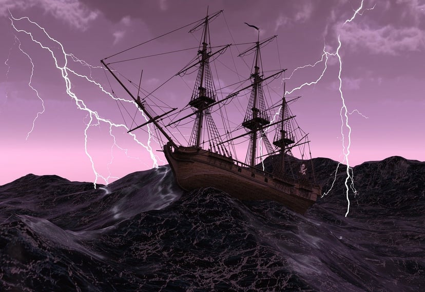 A ghost ship in stormy seas