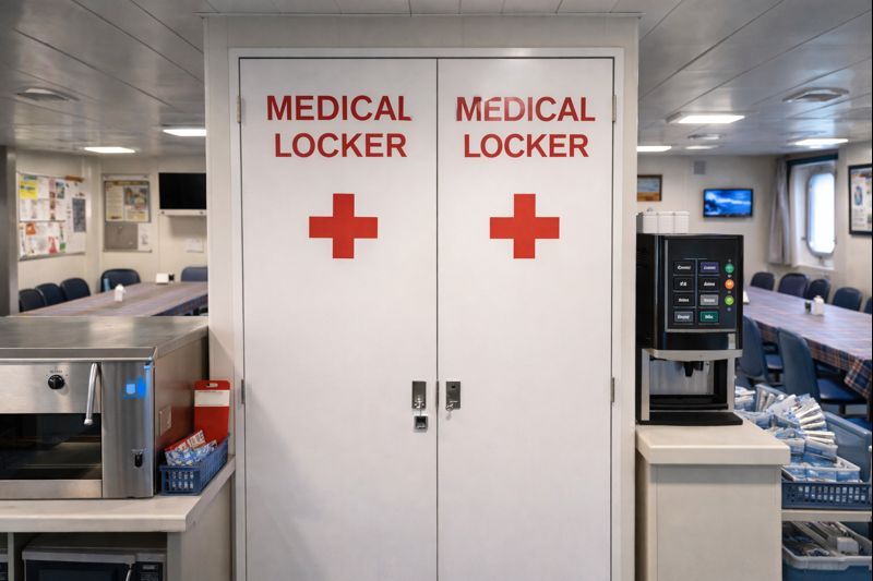 a medical locker in the crew mess on a commercial vessel