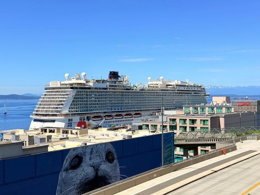 The Norwegian Joy cruise ship docked in a port