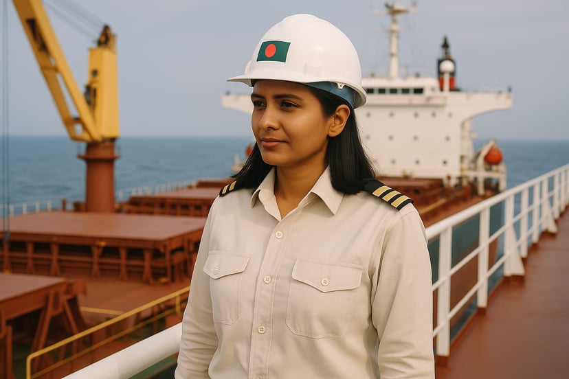 a woman wearing an officer's uniform and hard hat with the Bangladeshi flag on it standing on the deck of a cargo ship