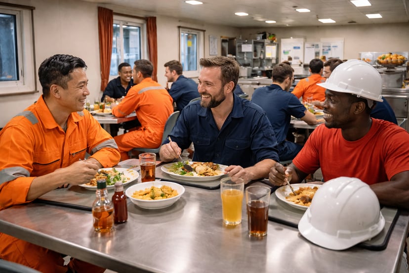 men working in seafarer jobs chatting whilst eating in the crew mess