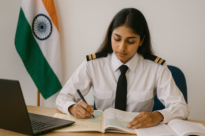 a young Indian maritime officer studying with a book of charts and laptop