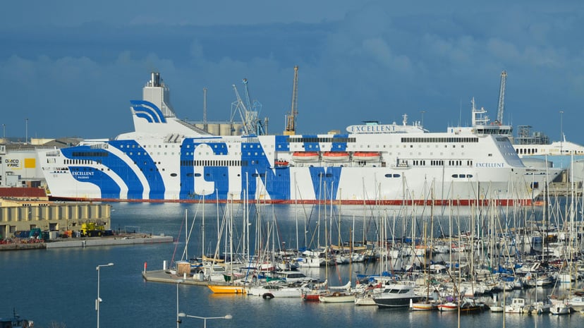 A GNV ferry docked in the port of Sete, France