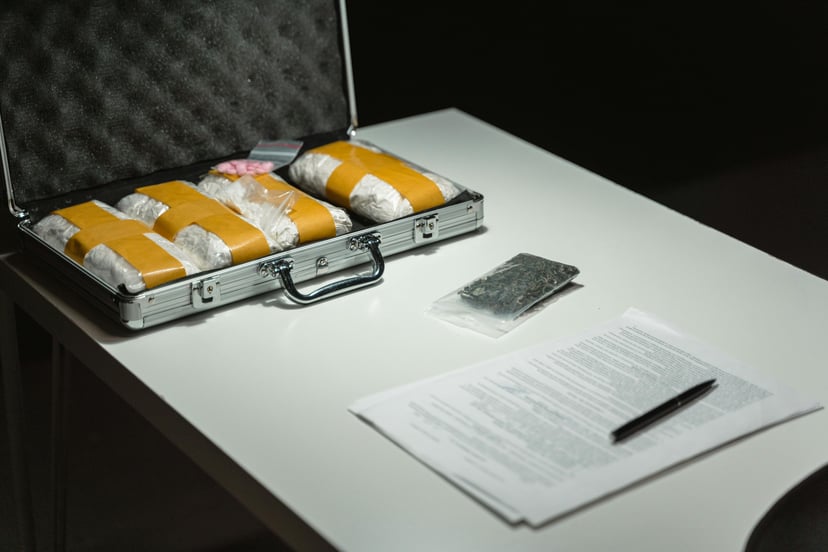 Packets of cocaine in a suitcase on a desk next to a pen and document