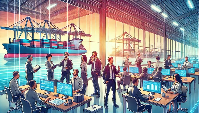 happy employees working in an office next to a container port