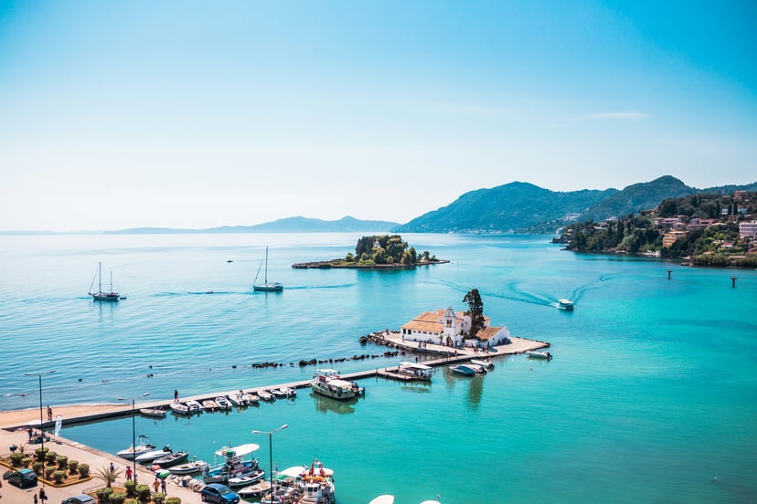 A view across a harbor on Corfu, Greece