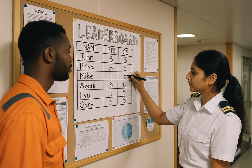 two seafarers updating a homemade leaderboard on te ship's noticeboard