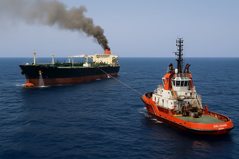 A fireboat tug putting out a blaze on a tanker