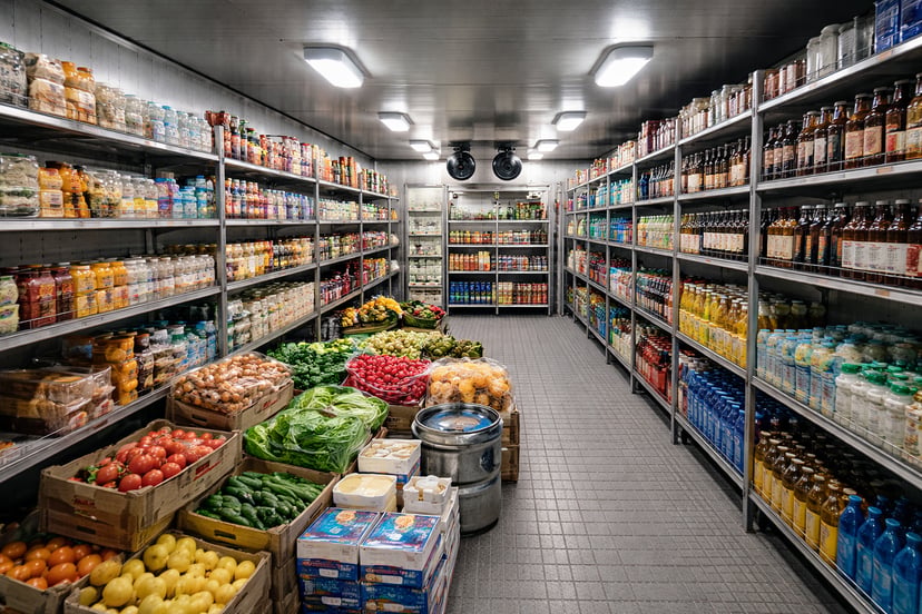 a walk-in cold storage room where drinks and fresh produce are stored