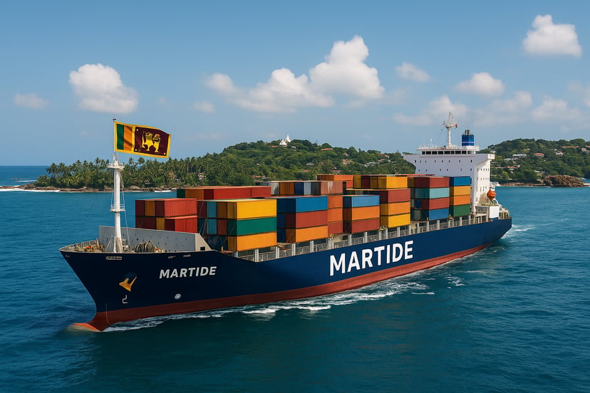 A container ship flying the flag of Sri Lanka sailing past the Sri Lankan coastline