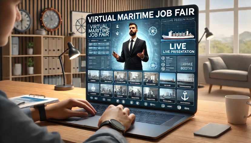 a person watching a man give a live presentation at a virtual maritime job fair on their laptop