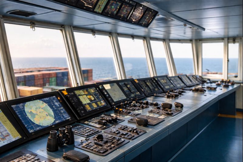 Controls and technology on the bridge, or wheelhouse, on a commercial vessel