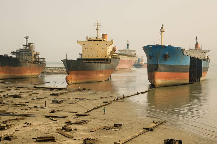 Old vessels lined up in a ship wrecking yard on a hazy day 