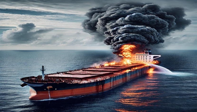 A general cargo ship on fire at sea