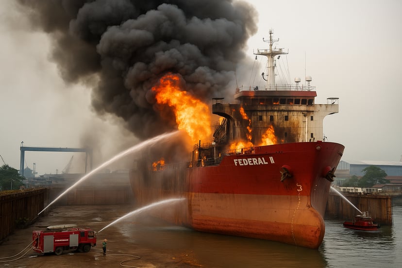 A fire onboard the Federal II cargo ship being extinguished