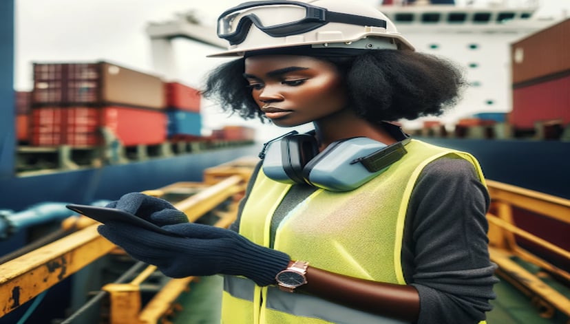 a woman in a port wearing safety gear and using a tablet PC to check something