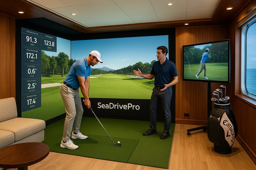 A projected image of Silversea's SeaDrivePro golfing feature