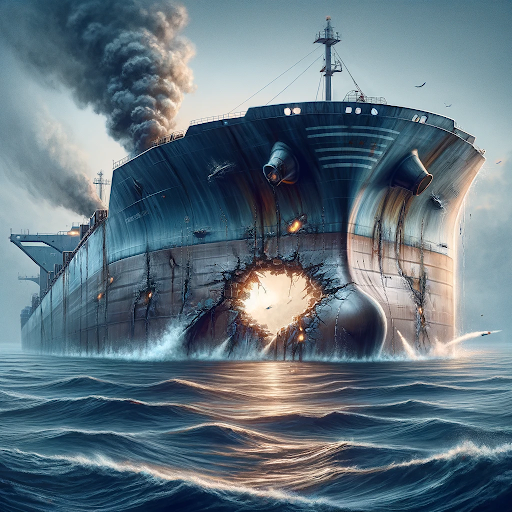 A bulk carrier damaged by a missile and on fire