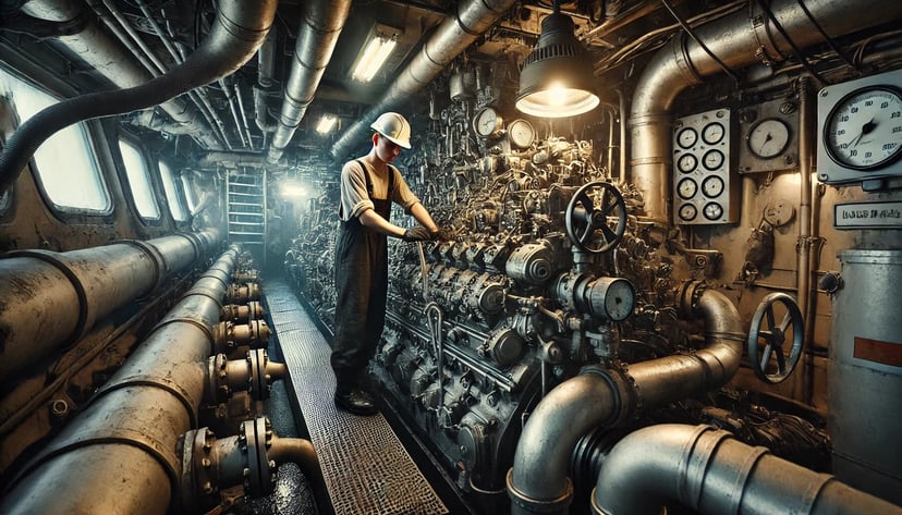 a man working in a seafarer job in the engine room of a ship