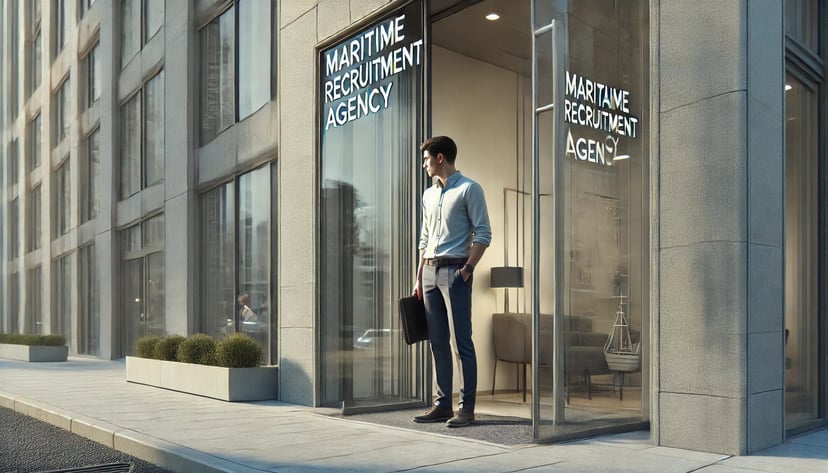 A man standing outside a maritime recruitment agency office