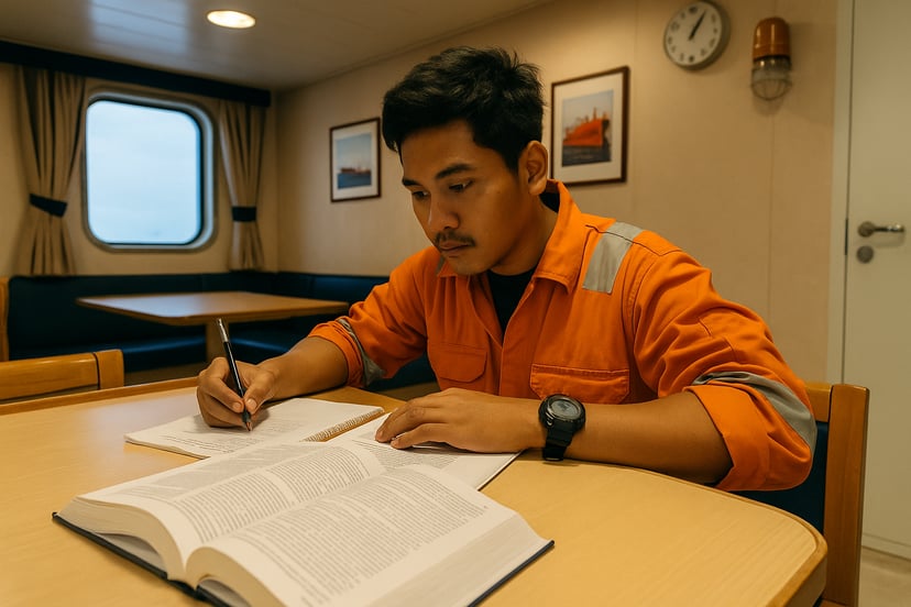 a seafarer in working gear studying in the crew mess on a ship