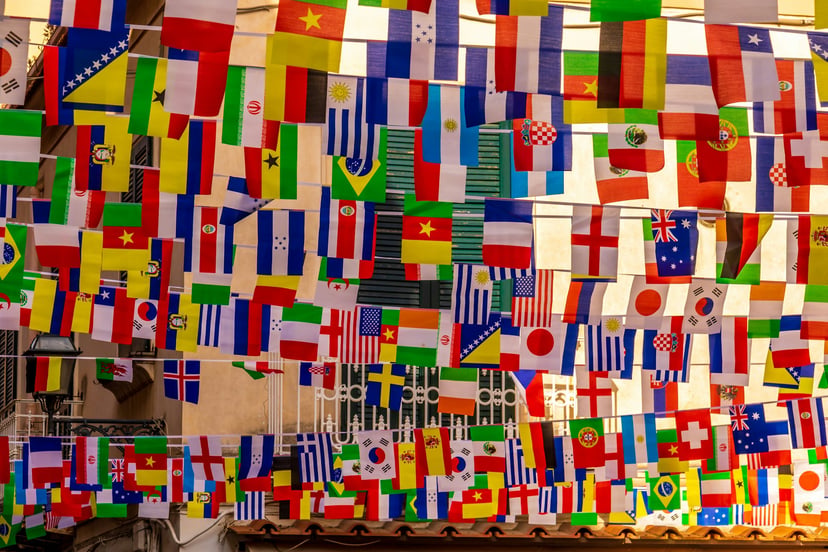 Various flags of the world strung up as bunting