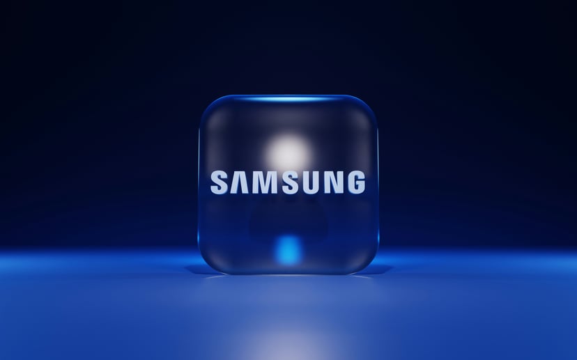The Samsung logo on a blue background