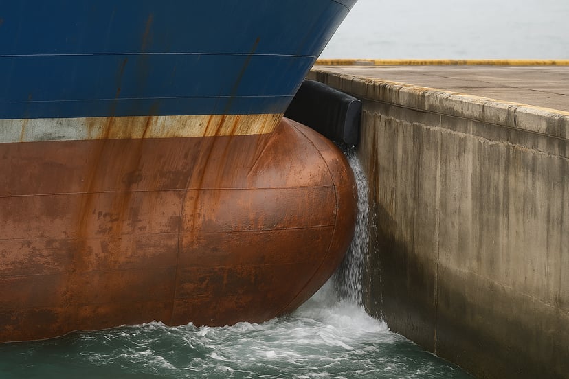 The bulbous bow of a ship hitting a sea wall