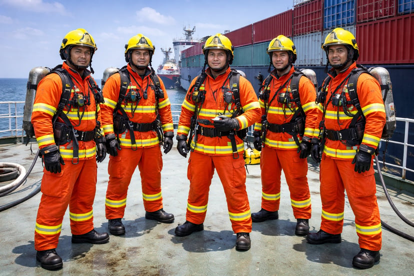 Crew members standing on the deck of a vessel wearing firefighting gear