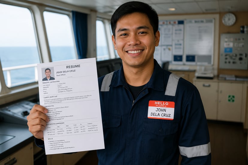 A smiling seafarer on the bridge of a ship wearing a 'hello my Name Is...' sticker and holding his seafarer resume