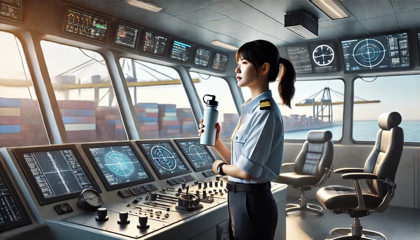 a female seafarer working in a marine officer job on the bridge of a ship