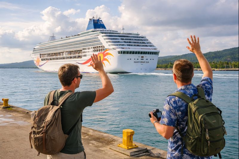Two male tourists on a dock waving goodbye to a cruise ship