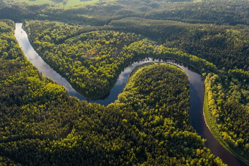 An aerial view of the River Amazon as it winds through forrestation
