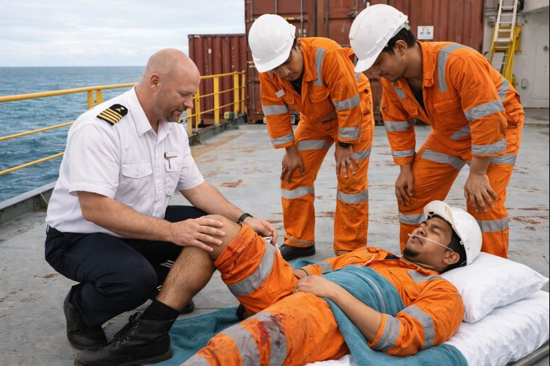 an injured seafarer lying on the deck of a ship while the medical officer attends to him