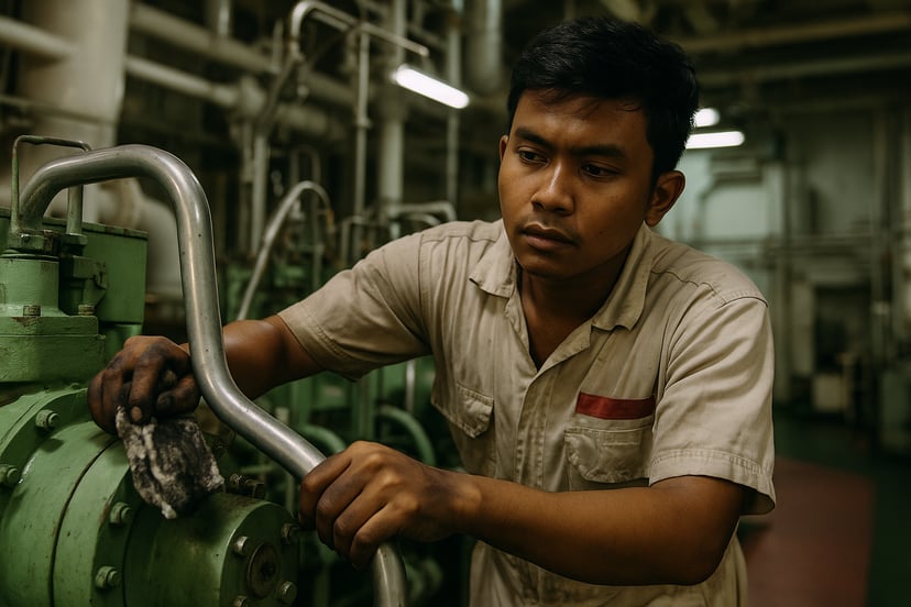 a seafarer wiping equipment in a ship's engine room