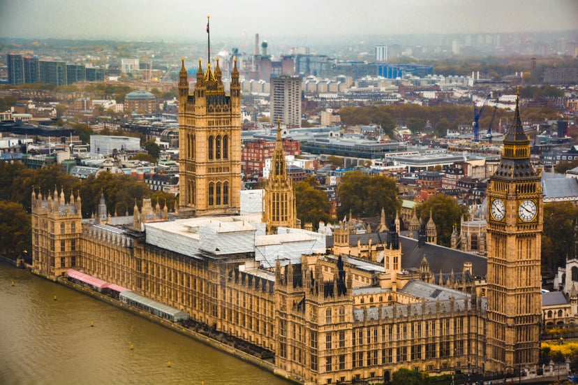 Aerial view of the Houses of Parliament in London, England