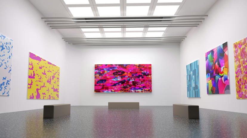 Brightly coloured abstract paintings in an at gallery