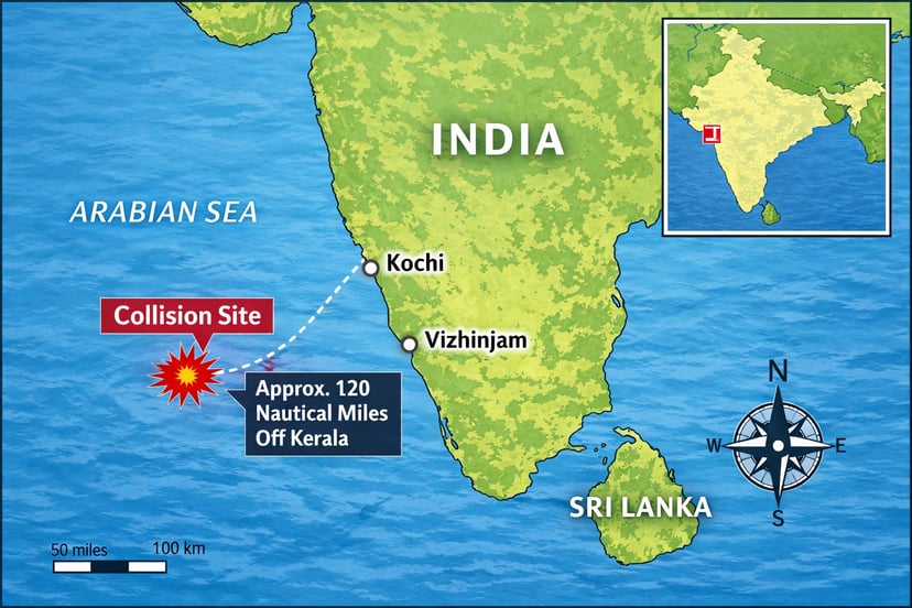 A map showing India and the Arabian Sea, pinpointing where the tanker struck the fishing boat